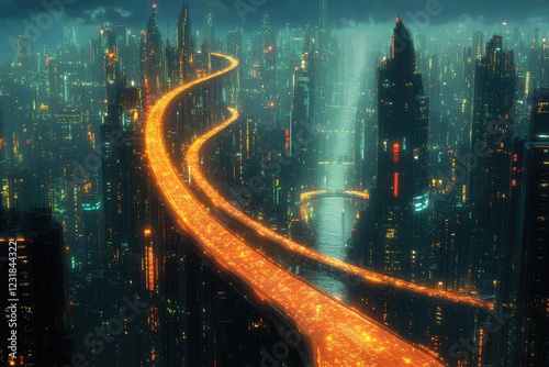 A river of light winding through a futuristic cityscape, illuminating the towering structures around it.