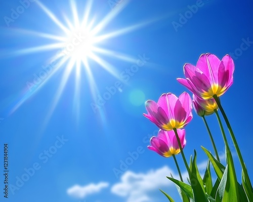 Vibrant Pink Tulip Flowers Reach for the Blue Sky, Spring Blooms, Close Up, Nature s Beauty