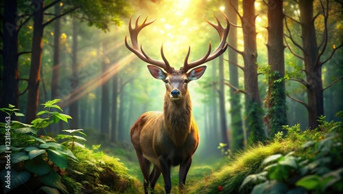 A majestic deer, brow antlers prominent, in sharp focus, deep within its forest habitat. photo