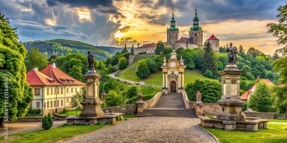 A solemn atmosphere in Bansk? ?tiavnica with a dramatic Baroque-style Calvary monument, surrounded by lush greenery and old stone walls , mountain, historic A solemn atmosphere in Bansk? ?tiavnica with a dramatic Baroque-style Calvary monument, surrounded by lush greenery and old stone walls , mountain, historic