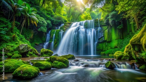 A powerful Amazonian waterfall cascades through vibrant green jungle, a breathtaking exotic scene.