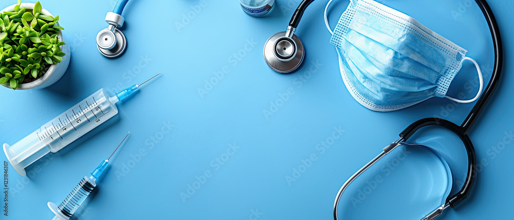 Fototapeta premium Medical tools and supplies arranged on a blue background for healthcare and clinical practice