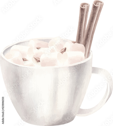 Watercolor illustration of cup with hot chocolate with marshmallow and choco chips and cinnamon rolls. Vector illustration for design.