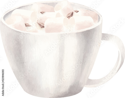 Watercolor illustration of mug with hot chocolate with marshmallows and choco chips. Vector illustration for design.