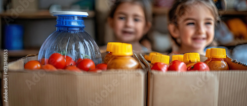 Children joyfully organizing food items in cardboard boxes at a community event during day time