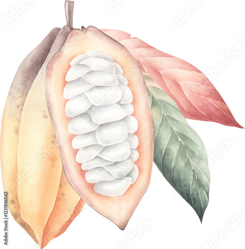 Watercolor vector cocoa beans with leaf. Clip art for design.