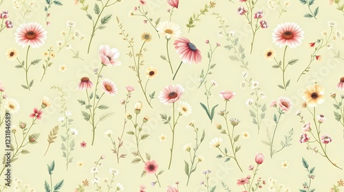 Wallpaper Mural A seamless pattern of intricately detailed botanical illustrations, meticulously rendered in watercolor, showcasing various herbs and wildflowers, featuring a soft color palette of sag. Torontodigital.ca