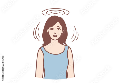 Dizzy and Overwhelmed: Illustration of a young woman experiencing dizziness and overwhelm, depicted with swirling lines above her head, conveying feelings of stress, anxiety, and mental fatigue.