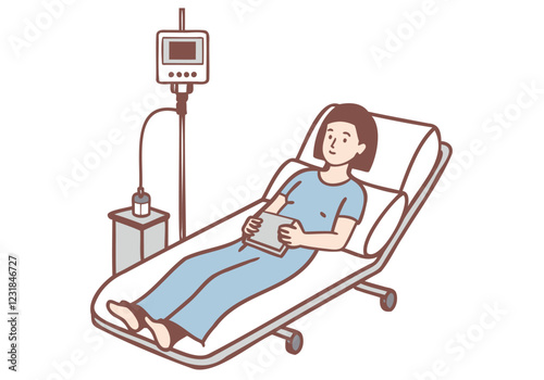 Patient Resting in Hospital Bed: A woman rests comfortably in a hospital bed, holding a tablet, connected to an IV drip.  The illustration emphasizes peace and calm during recovery. 