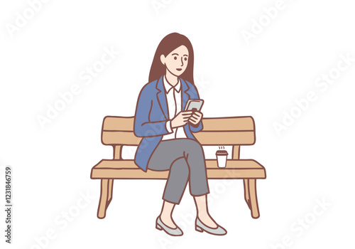 Young business woman sitting on bench with coffee and smartphone, chatting, Hand drawn style vector design illustrations.
