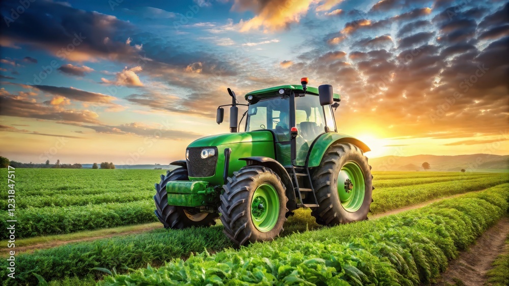 Green agricultural tractor with large wheels and a round front hood is standing in a field of green crops, farming, earthy Green agricultural tractor with large wheels and a round front hood is standing in a field of green crops, farming, earthy