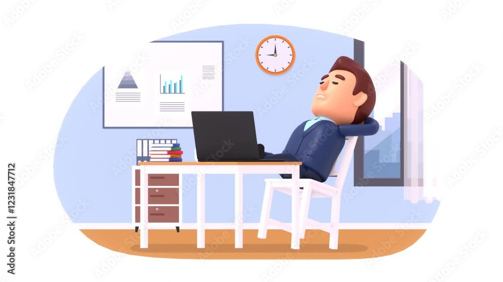 Man sleep at work in office, businessman sit on chair and relax or sleep, break time at work, 3d animation video Man sleep at work in office, businessman sit on chair and relax or sleep, break time at work, 3d animation video