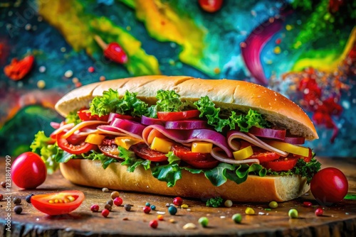 A vibrant hoagie bursts with color, artfully presented against a stunning backdrop. photo