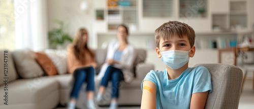 Young boy receiving a vaccination at home while family members observe nearby in a cozy living room setting