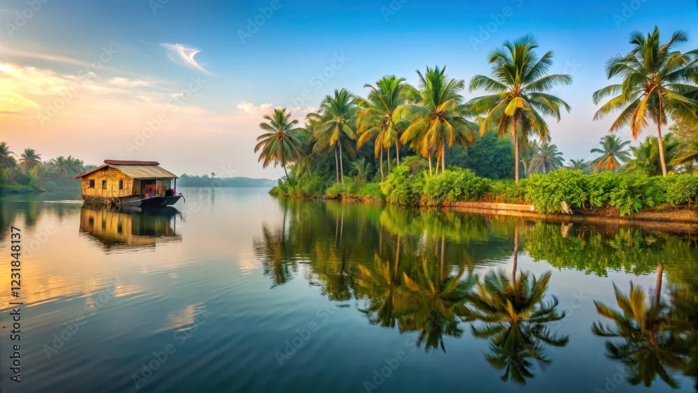Fototapeta premium Gentle Morning Light on Alappuzha Backwaters, alappuzha india, tranquil scene