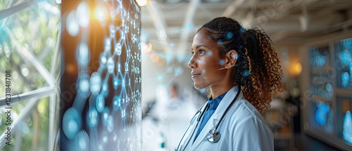 Medical professional analyzes data in a modern healthcare setting during a bright afternoon