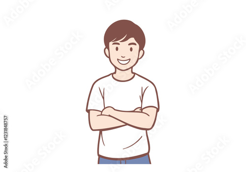 Smiling Young Man: A friendly illustration of a young man with arms crossed, conveying confidence and approachability. His smile is warm and inviting.