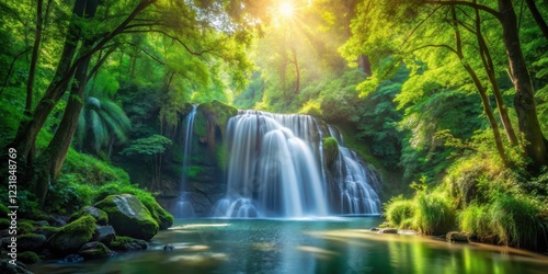 Serene waterfall amidst dense foliage, with sunlight filtering through leafy trees and casting dappled shadows on the forest floor, natural beauty, forest scenery