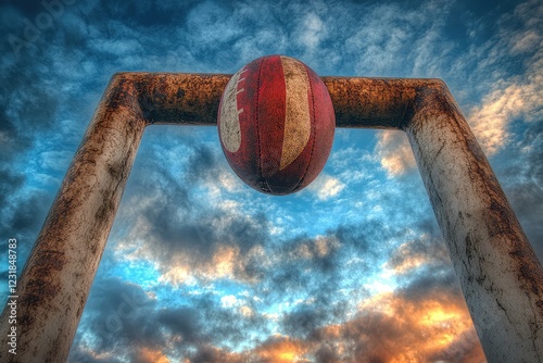 A rugby ball soaring through the posts, with a dramatic sky in the background.