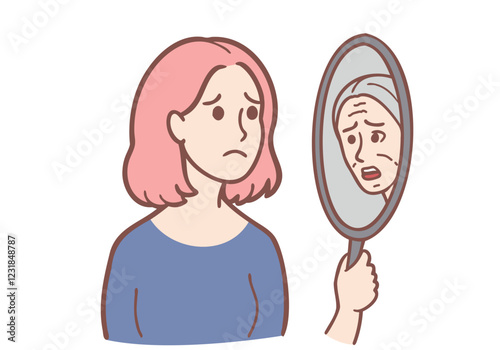 Mirror Mirror on the Wall: A young woman gazes apprehensively into a mirror, seeing a reflection of her older self,  provoking contemplation of aging and the passage of time.  