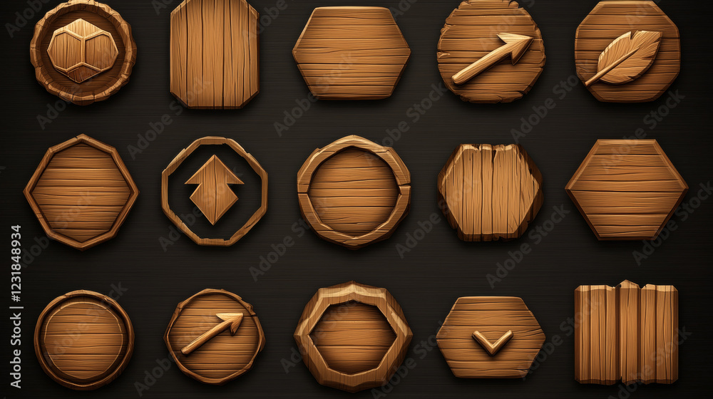 Fototapeta premium Realistic set of wooden game buttons sprite sheet isolated on background. Vector illustration of wood texture menu frames, progress bars, nameplates, round, hexagonal and arrow icons for gui design