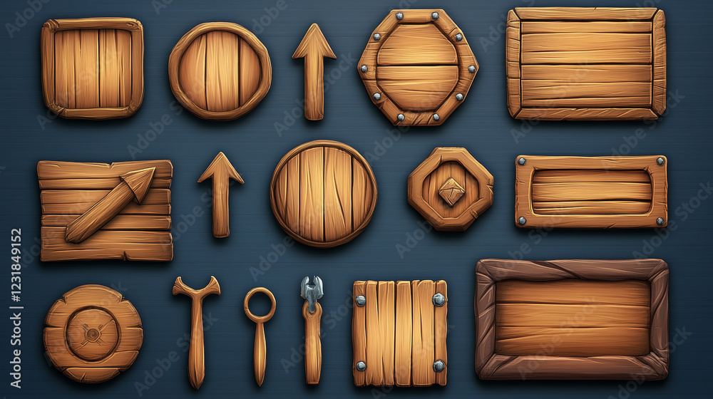 Naklejka premium Realistic set of wooden game buttons sprite sheet isolated on background. Vector illustration of wood texture menu frames, progress bars, nameplates, round, hexagonal and arrow icons for gui design