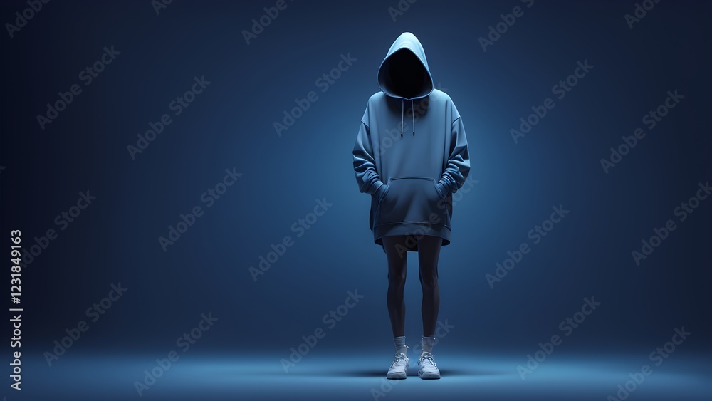 Mysterious figure in an oversized blue hoodie and white sneakers stands against a dark blue background.
