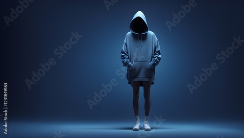 Obraz na płótnie Mysterious figure in an oversized blue hoodie and white sneakers stands against a dark blue background. w salonie