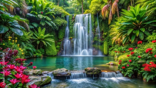 Exotic tropical plants thriving near a serene majestic waterfall in lush greenery, surrounded by vibrant flowers and foliage , peaceful atmosphere, majestic water feature