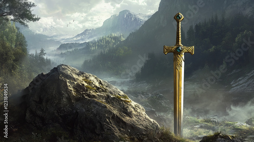 Sword in stone, Arthur king excalibur weapon stuck in rock, game design elements with medieval or magic steel blade with gem stone on handle, camelot legend or myth, Cartoon vector illustration, set