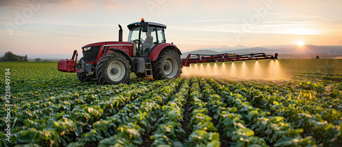 Tractor sprays crops during sunset in expansive agricultural field near mountains