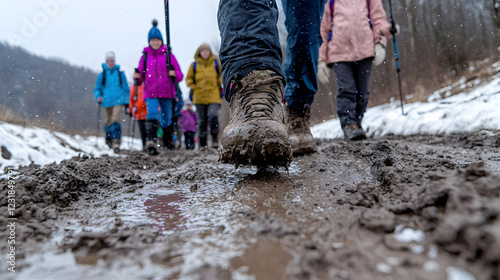 Muddy hike trail, winter group walking, snowy landscape, nature adventure photo