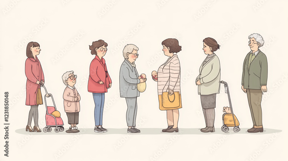 Obraz premium Woman lifespan, female character life cycle ages newborn baby, toddler school child, student teenager, mother, mature and elderly, person evolution, grow stages Linear cartoon flat vector illustration
