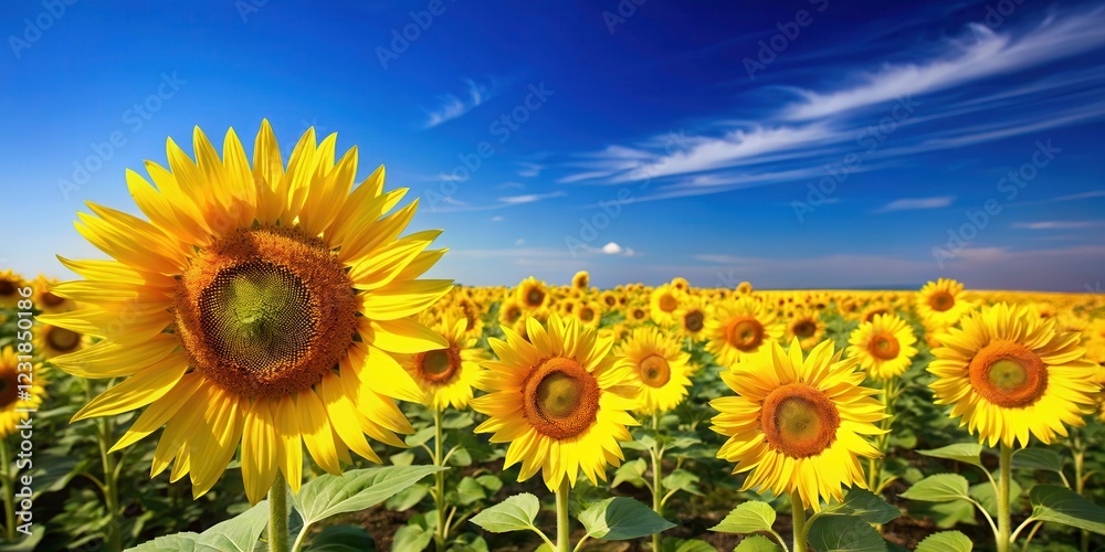 Fototapeta premium Field of bright yellow sunflowers under a clear blue sky, natural, peaceful, natural, peaceful, countryside, landscape, yellow