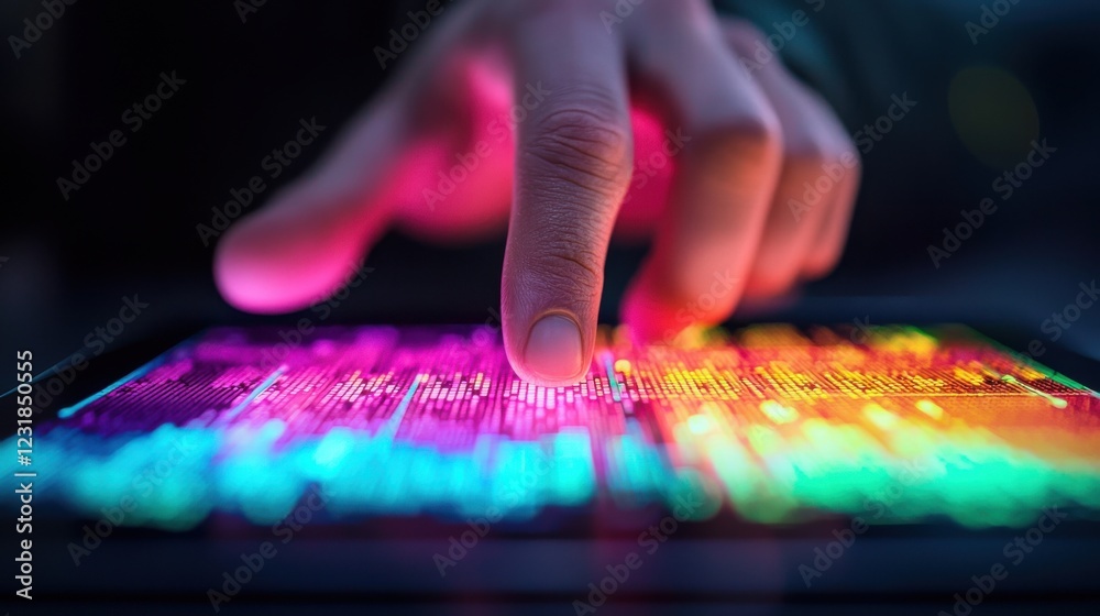 Fototapeta premium Hand Holographic bar stock Business Tablet concept. Holographic Bar Visualization Emerging from Surreal Colorful Digital Projection