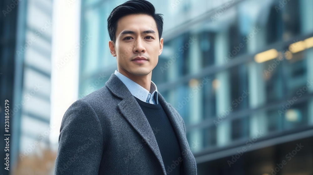portrait of a sophisticated asian businessman in charcoal cashmere cardigan photographed against contemporary architecture with soft natural lighting portrait of a sophisticated asian businessman in charcoal cashmere cardigan photographed against contemporary architecture with soft natural lighting