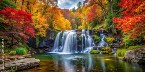 Serene waterfall surrounded by vibrant autumn foliage with colorful leaves and lush greenery , fall landscape, outdoor scene
