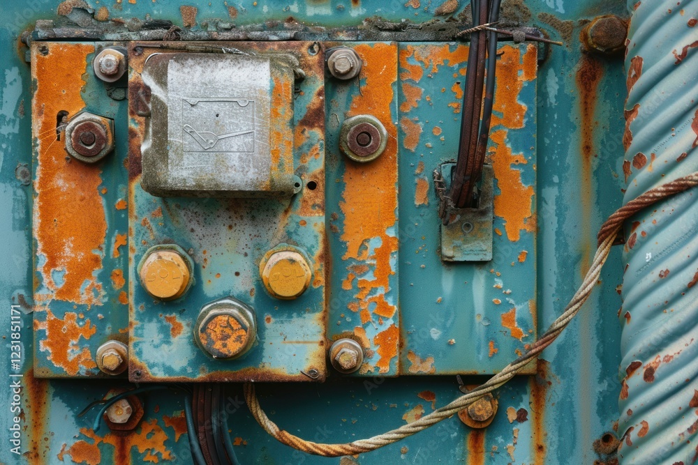 Close up of a rusty control panel with peeling paint, showcasing its age and deterioration Close up of a rusty control panel with peeling paint, showcasing its age and deterioration