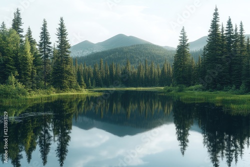 A secluded mountain lake surrounded by tall pine trees, the still waters reflecting the surrounding landscape in perfect clarity.