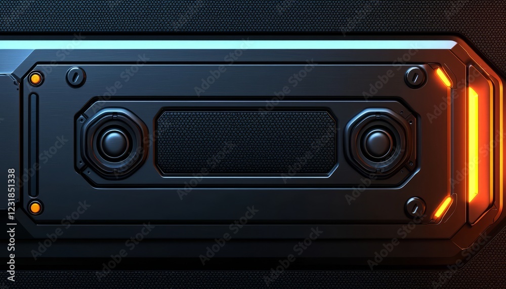 Fototapeta premium Futuristic Metal Panel With Speakers And Orange Lighting