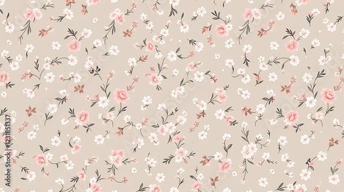 A seamless pattern with small delicate floral motifs in a soft pastel palette a feminine romantic aesthetic.