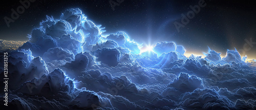 Dramatic stormy clouds illuminated by brilliant light at dawn over a serene landscape