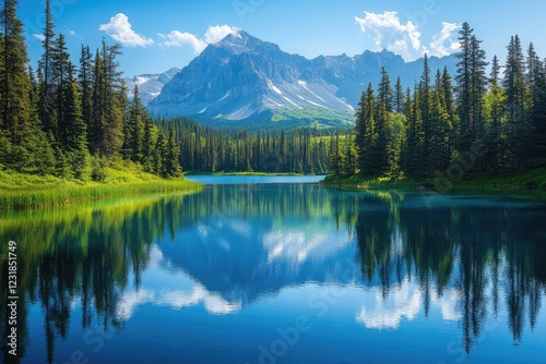 A secluded mountain lake surrounded by tall pine trees, the still waters reflecting the surrounding landscape in perfect clarity.