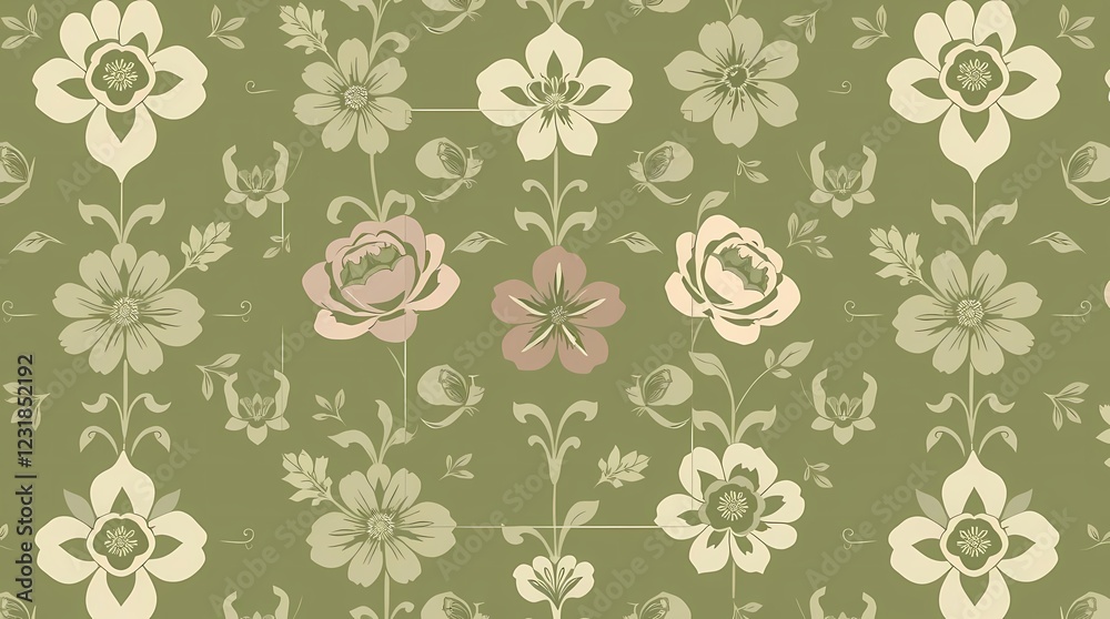A sophisticated seamless pattern composed of elegant floral motifs in a vintage style, using a subdued color palette of muted greens, purples, and creams, showing a delicate repeating . A sophisticated seamless pattern composed of elegant floral motifs in a vintage style, using a subdued color palette of muted greens, purples, and creams, showing a delicate repeating .