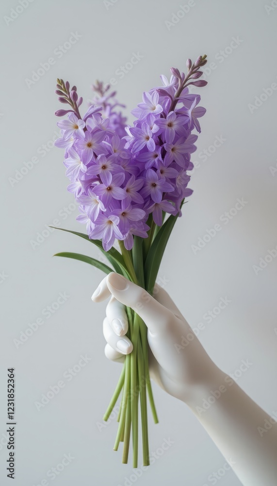Obraz premium Elegant bouquet of purple flowers held by a white glove