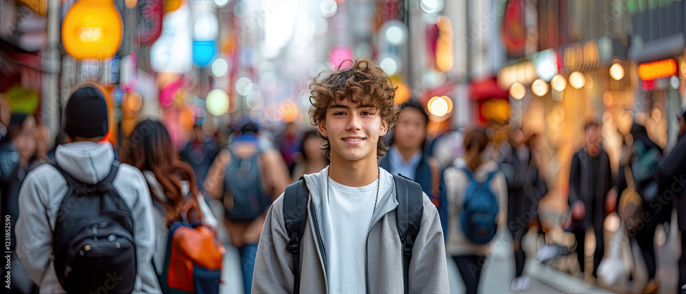 Young man smiling in a crowded urban street during daylight with shop lights in the background Young man smiling in a crowded urban street during daylight with shop lights in the background