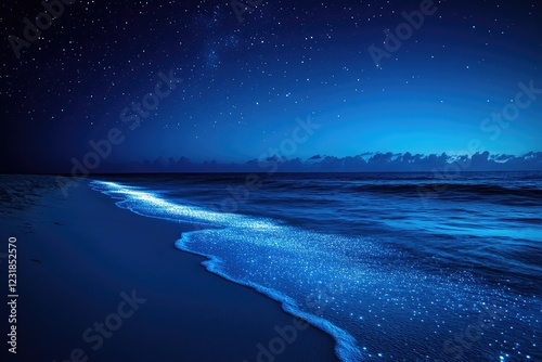 A serene beach scene with bioluminescent waves gently lapping at the shore under a starlit sky.
