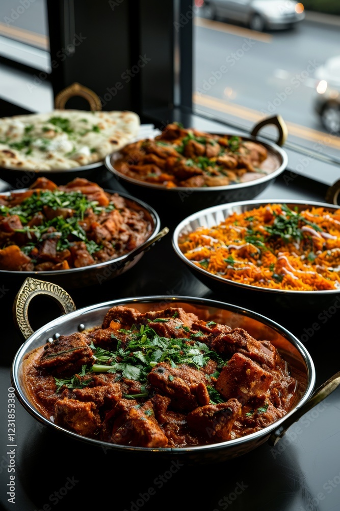 Ethnic Cuisine: A buffet showcasing traditional Indian dishes like biryani, naan, and curries. Ethnic Cuisine: A buffet showcasing traditional Indian dishes like biryani, naan, and curries.