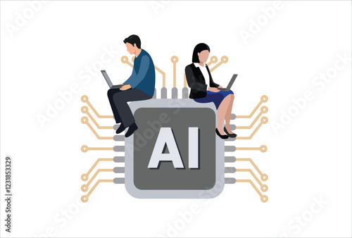 robot assistance, people work with computer laptop on AI artificial intelligence chip ,Working with chat bot or AI artificial intelligence, technology helping or support doing successful work