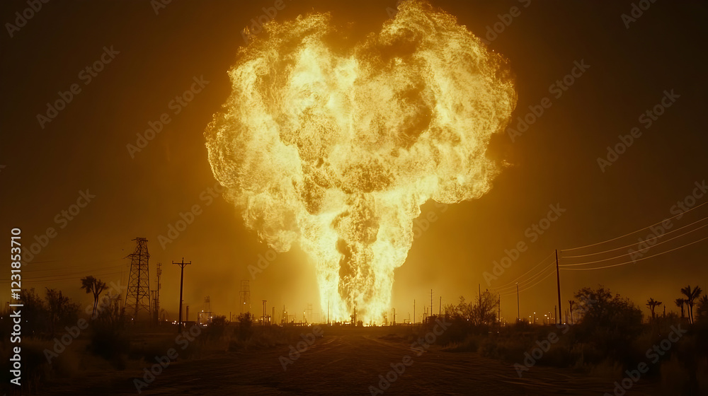 Fototapeta premium Nighttime oil refinery fire, desert landscape